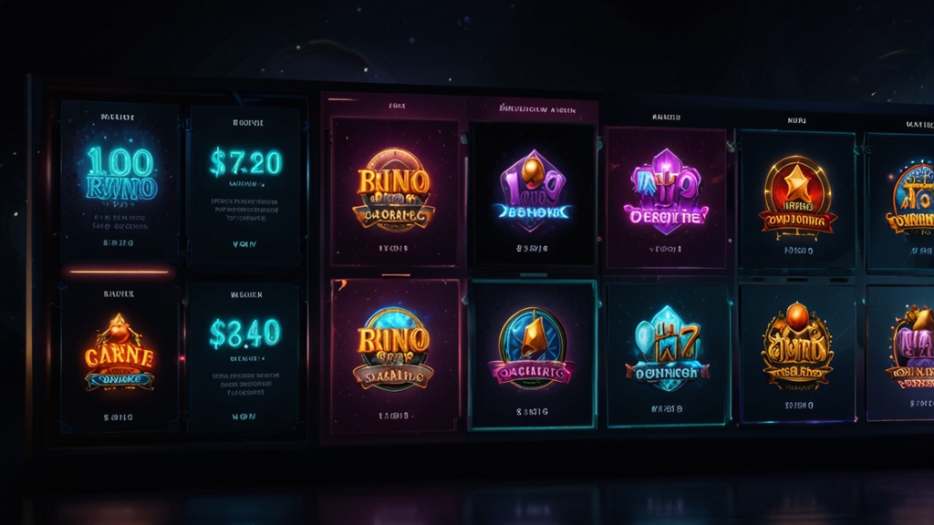 Promotiescherm met no deposit bonus, free spins en cashback in een donker casino