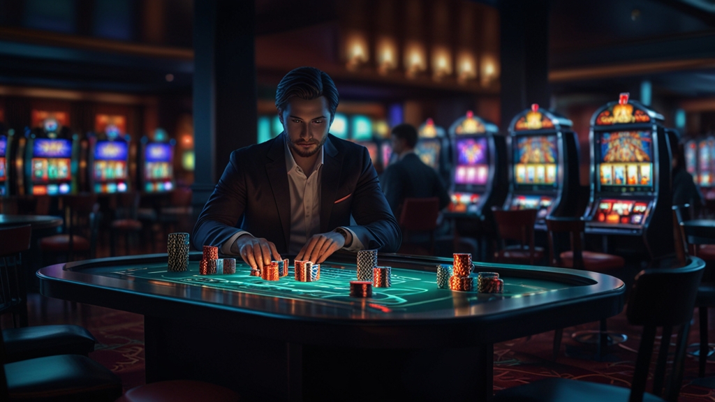 Smartphone met app-overzicht in een donkere casino-omgeving